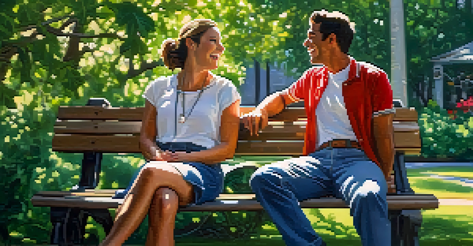 Two friends laughing and communicating on a park bench surrounded by greenery and flowers.
