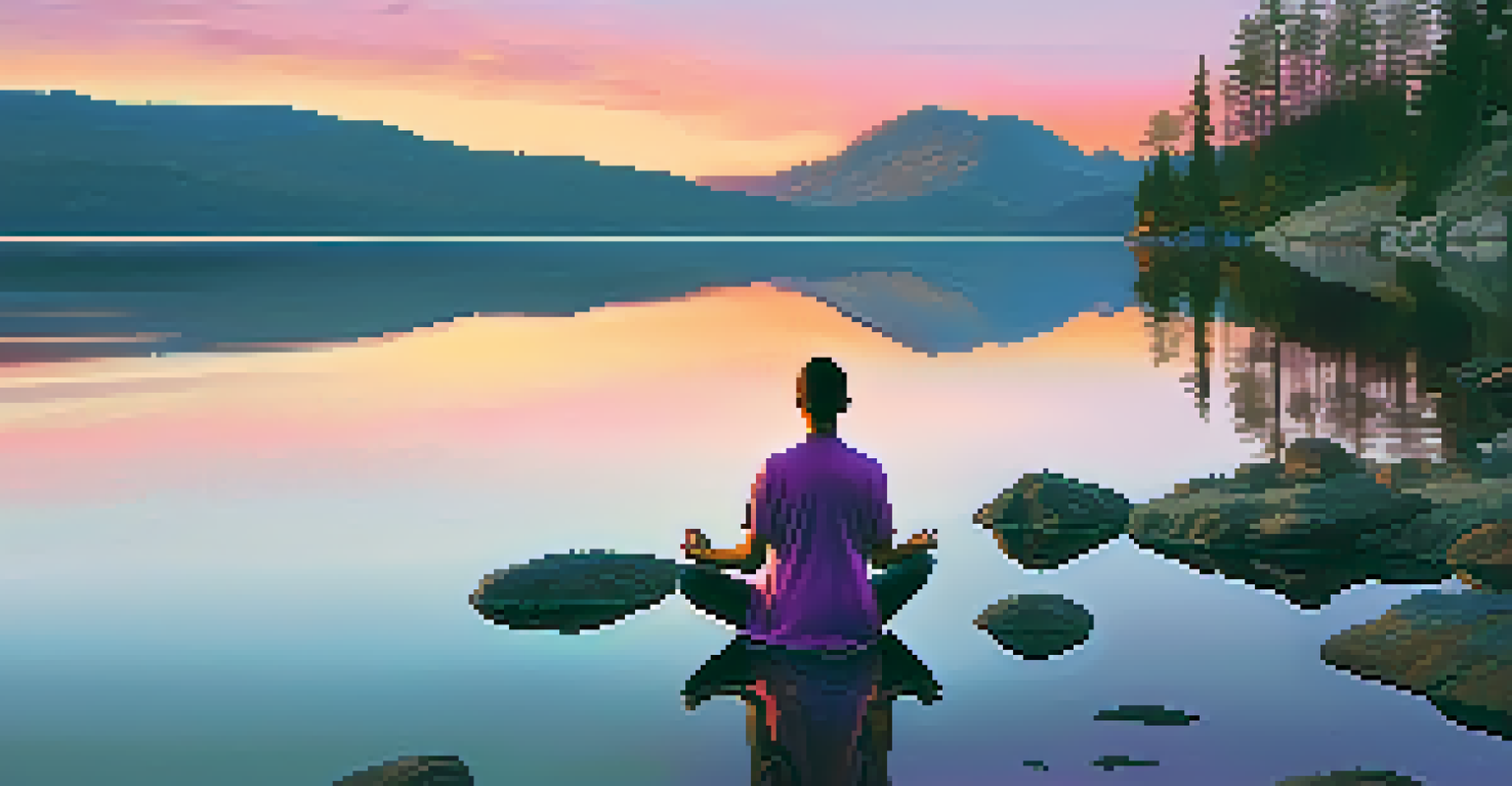 A person meditating by a serene lake at sunset, surrounded by colorful skies and gentle waves.