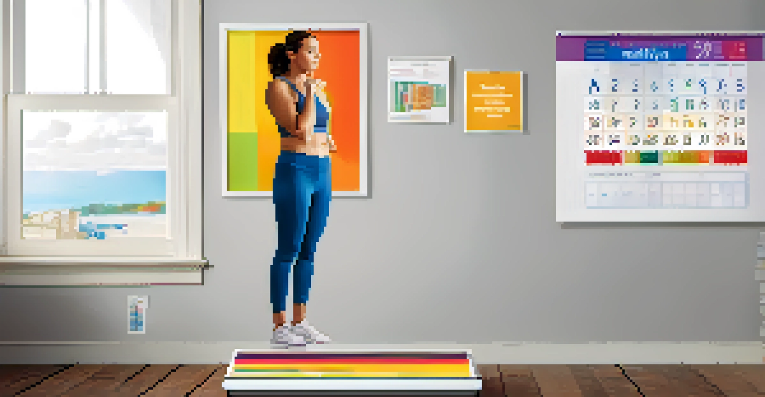 A person standing on a scale with motivational quotes in the background, showcasing a commitment to a healthy lifestyle.
