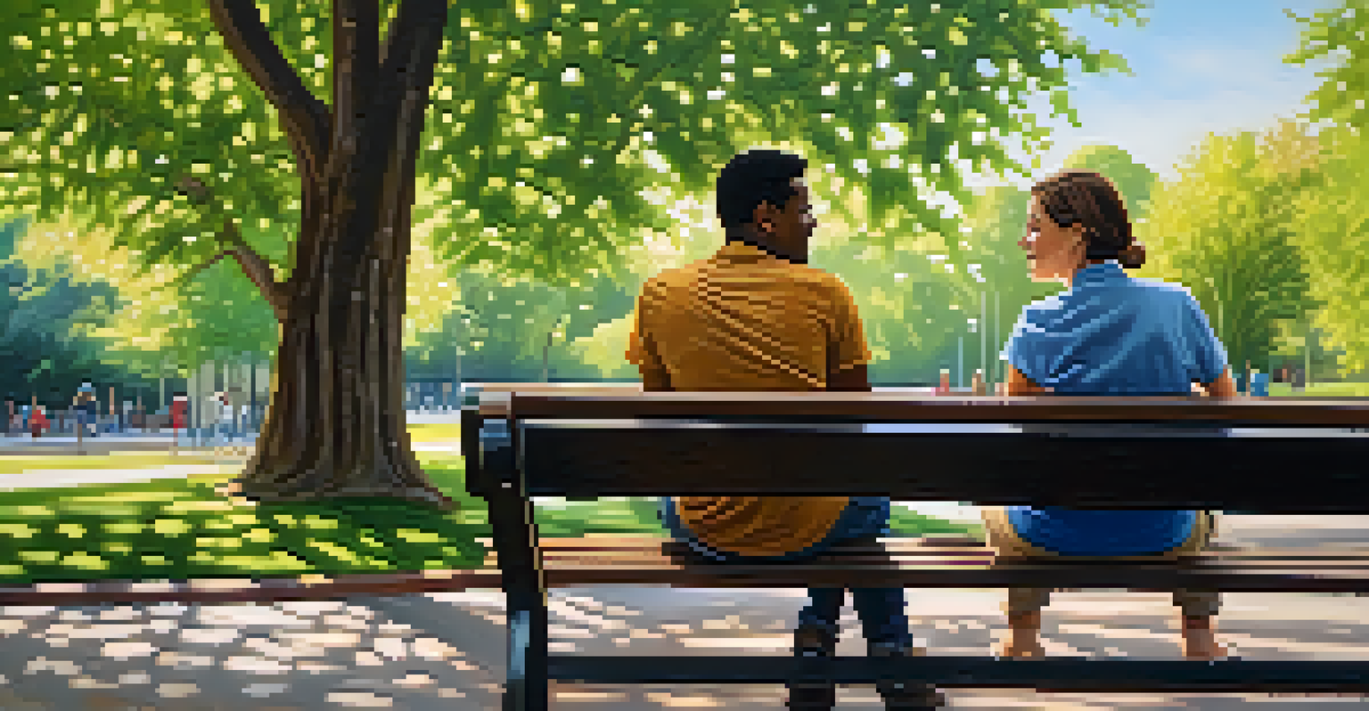 Two friends sitting on a park bench in a park, enjoying a conversation while maintaining personal space.