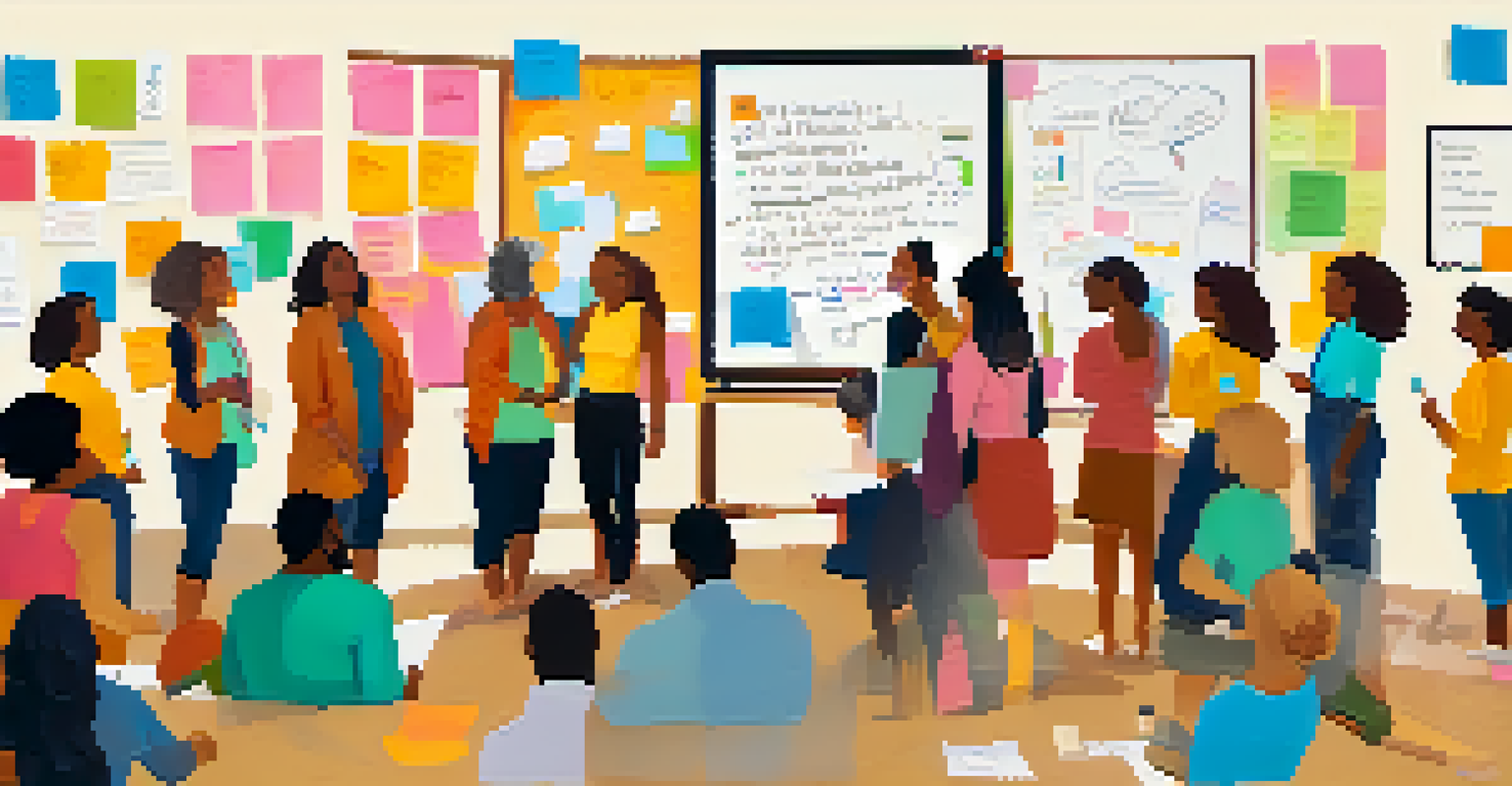 A workshop group gathered around a whiteboard filled with sticky notes, engaged in a discussion about their core values.
