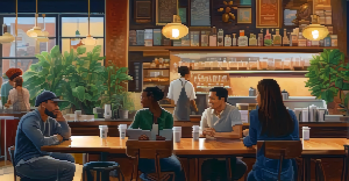 A warm coffee shop with people engaged in conversation and a barista preparing drinks, creating a cozy atmosphere.