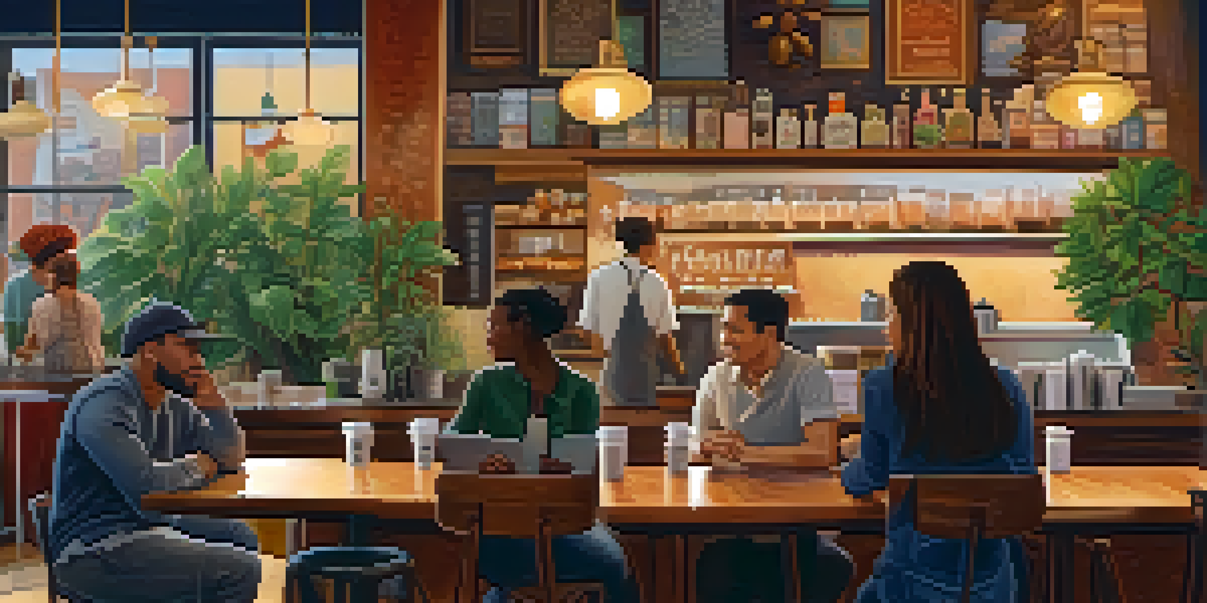 A warm coffee shop with people engaged in conversation and a barista preparing drinks, creating a cozy atmosphere.