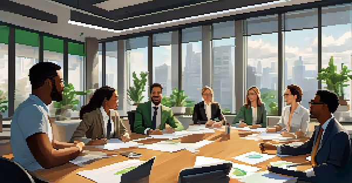 A diverse group of professionals discussing ideas in a modern office filled with natural light, showcasing collaboration and enthusiasm.