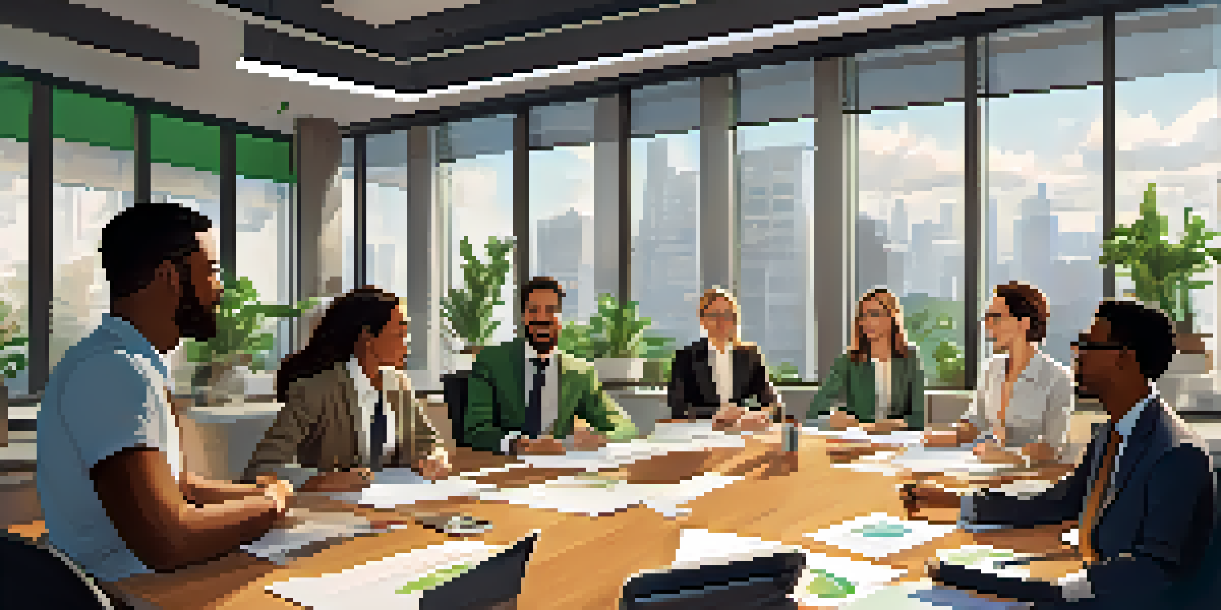 A diverse group of professionals discussing ideas in a modern office filled with natural light, showcasing collaboration and enthusiasm.