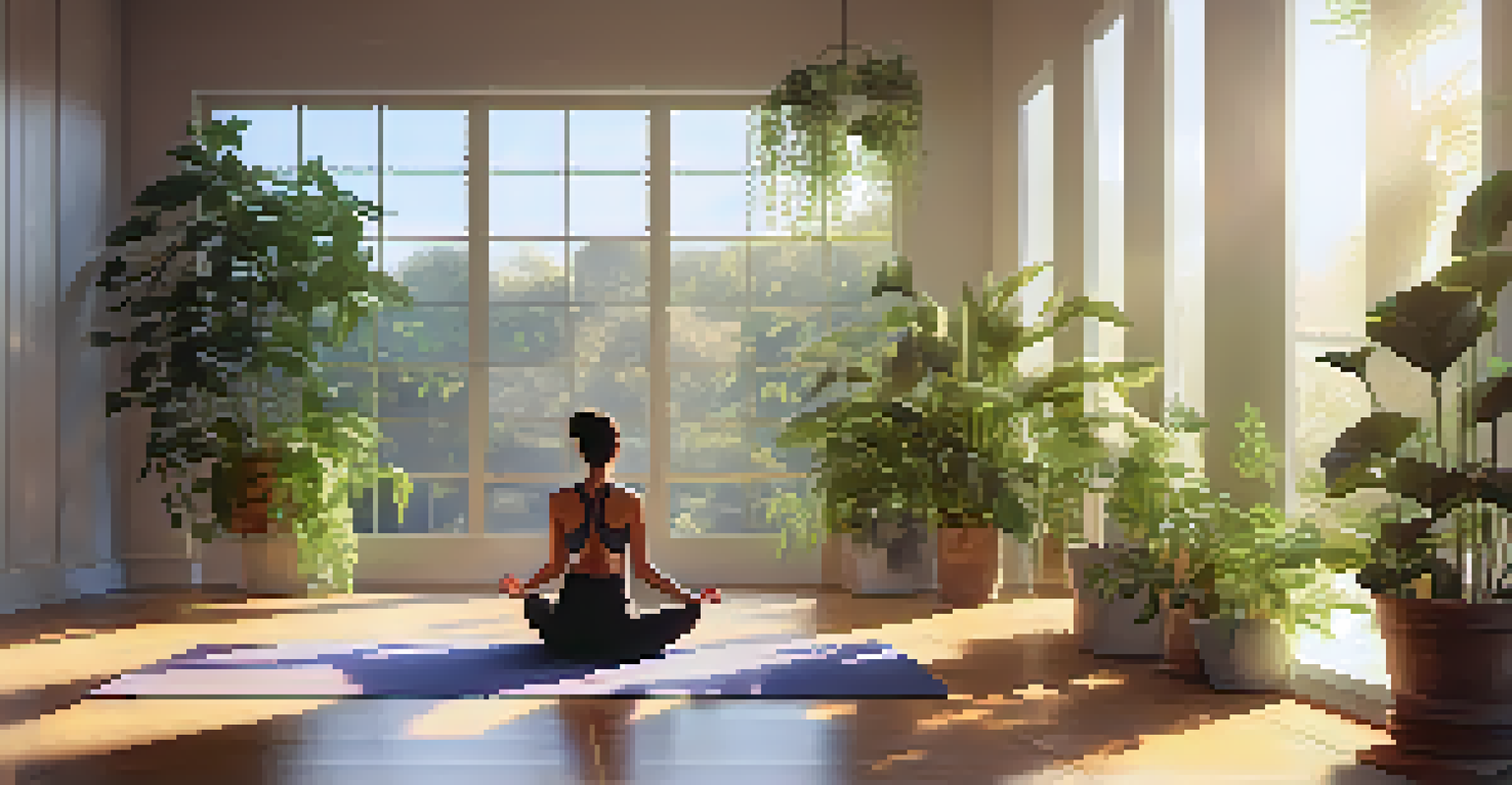 A person practicing yoga in a sunlit room filled with indoor plants.