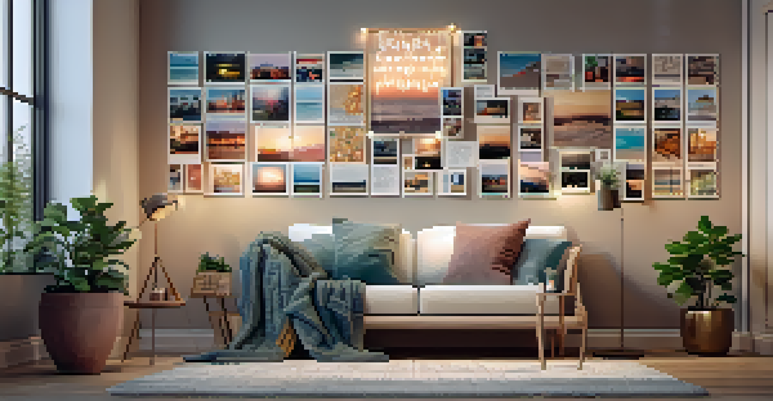 A vision board adorned with images and goals, surrounded by warm lights and a cozy chair.