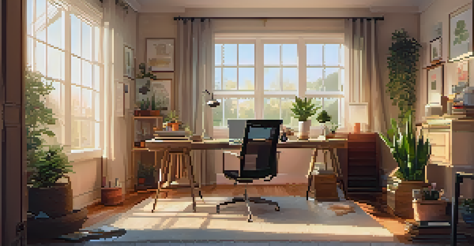 A warm home office with a wooden desk, laptop, notebooks, and a cup of tea by a window with soft lighting.