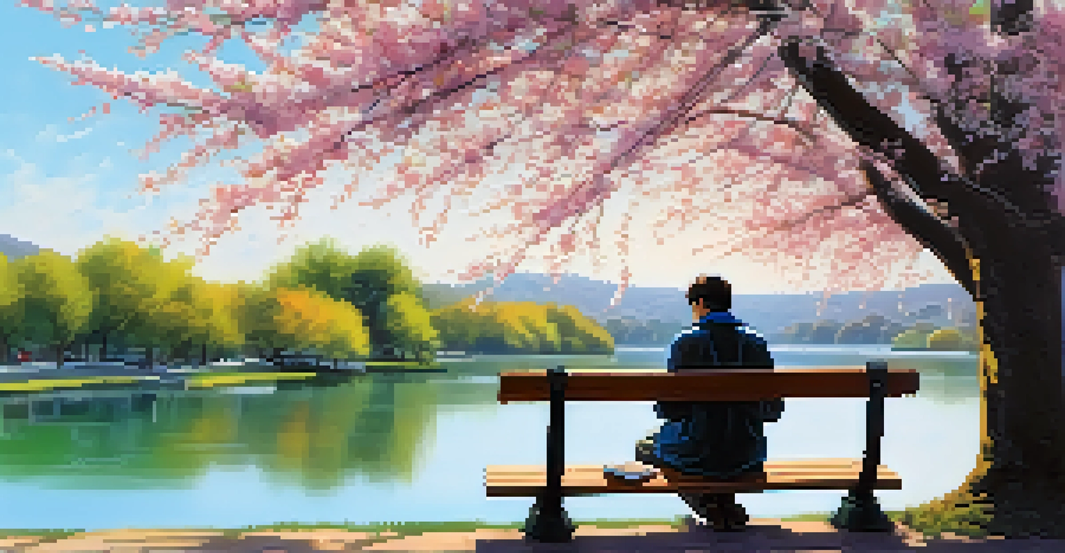 A person journaling on a park bench under a cherry blossom tree with a lake in the background.