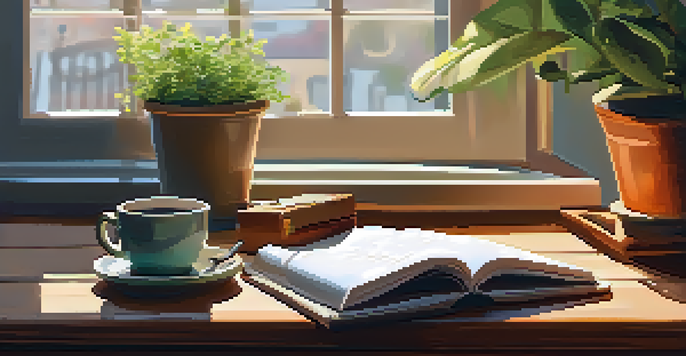 A warm and inviting journaling space with a desk, open notebook, coffee cup, and a plant, illuminated by sunlight.