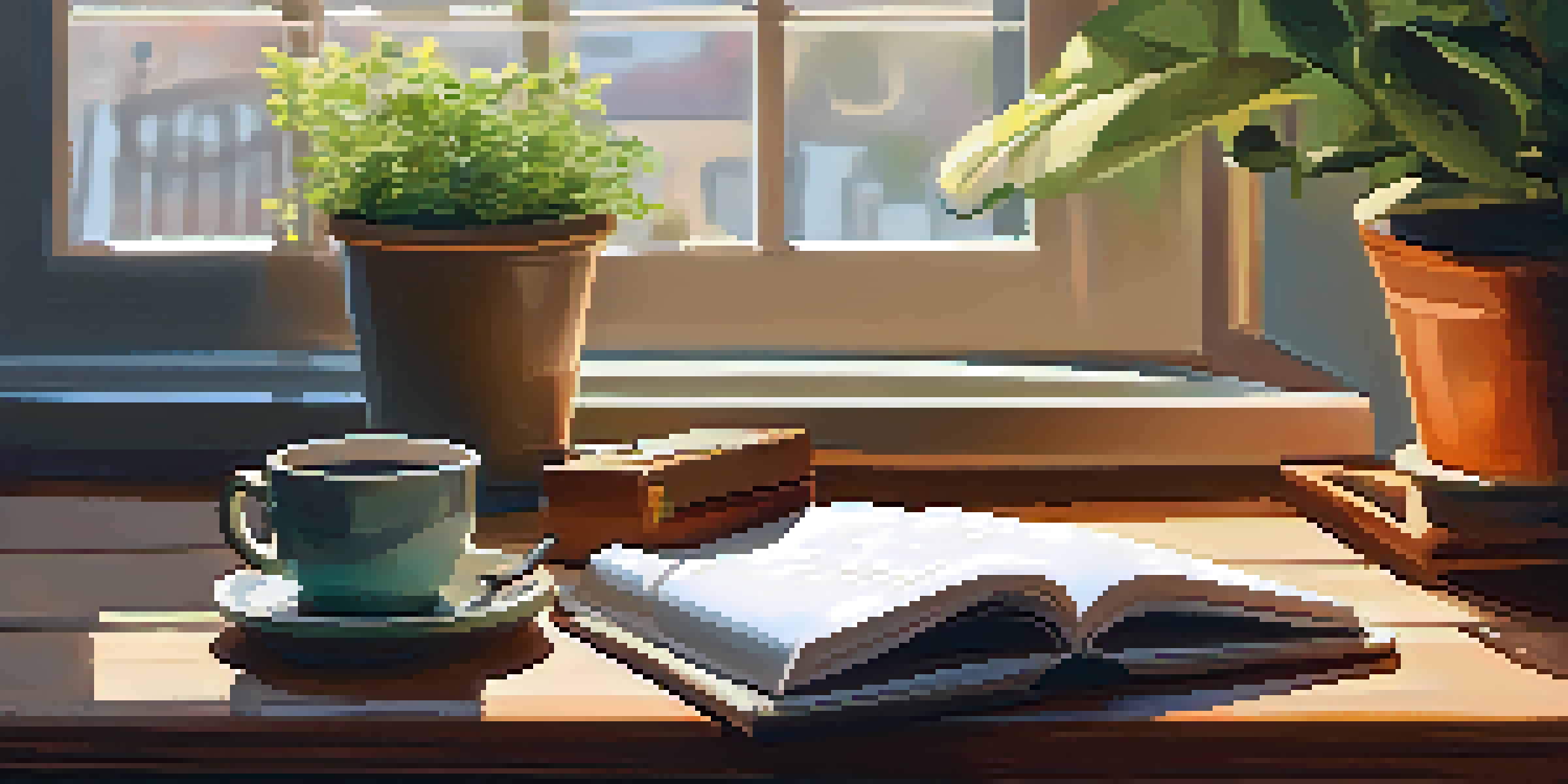 A warm and inviting journaling space with a desk, open notebook, coffee cup, and a plant, illuminated by sunlight.