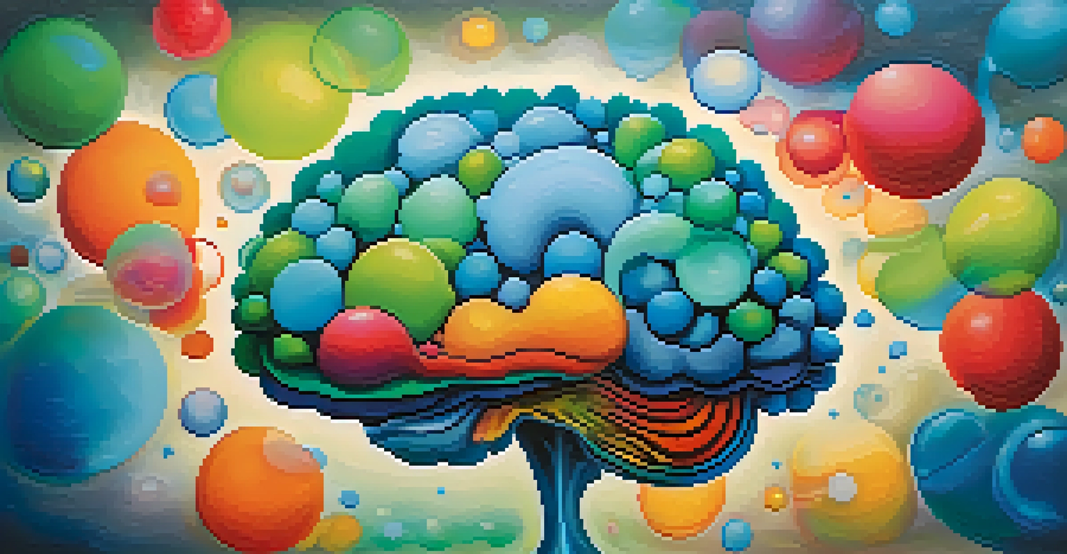An abstract image of a brain with colorful thought bubbles containing positive affirmations, against a calming gradient background.
