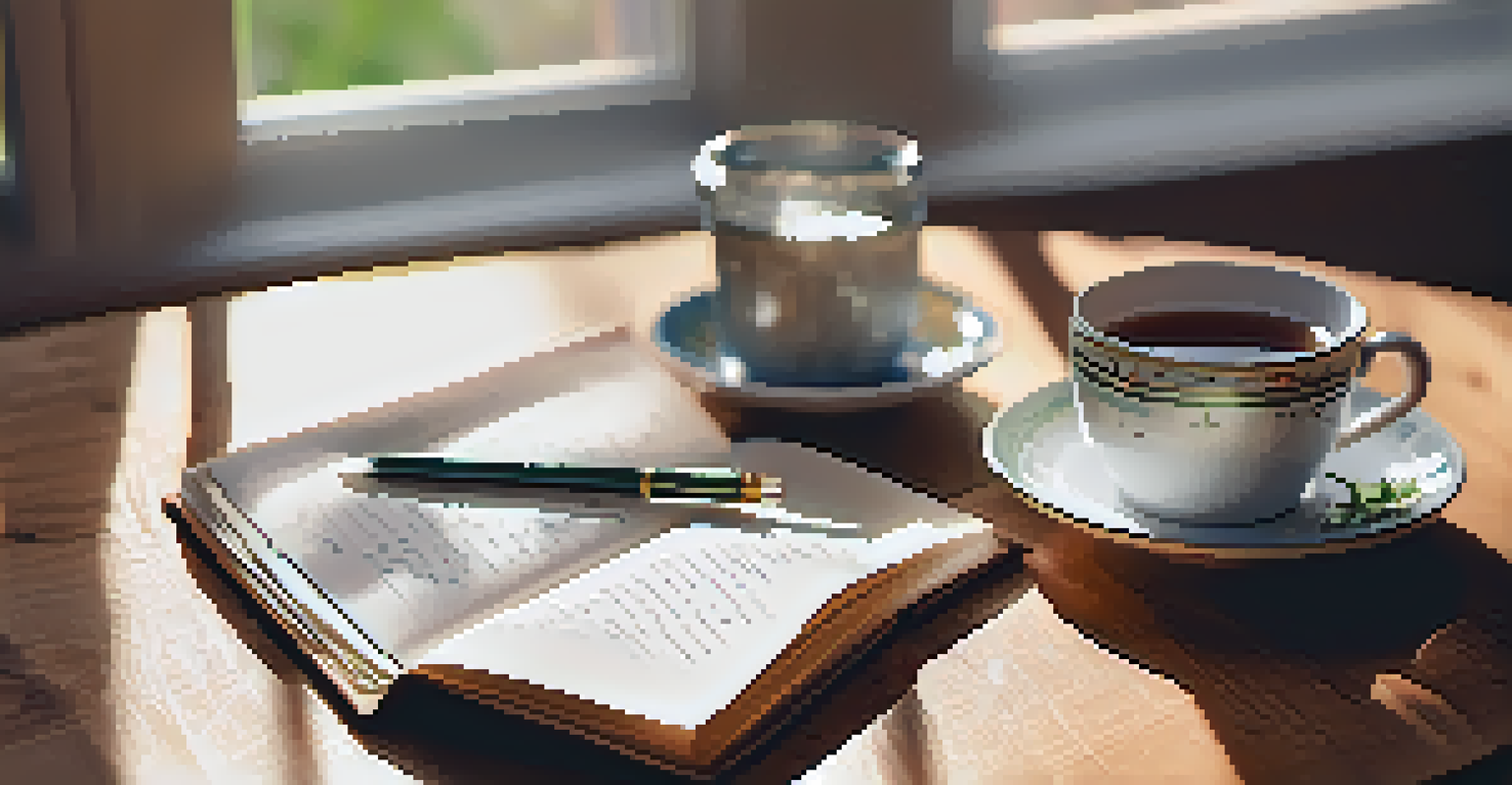 A gratitude journal on a table with a cup of tea, plant, and candle, illuminated by natural light.
