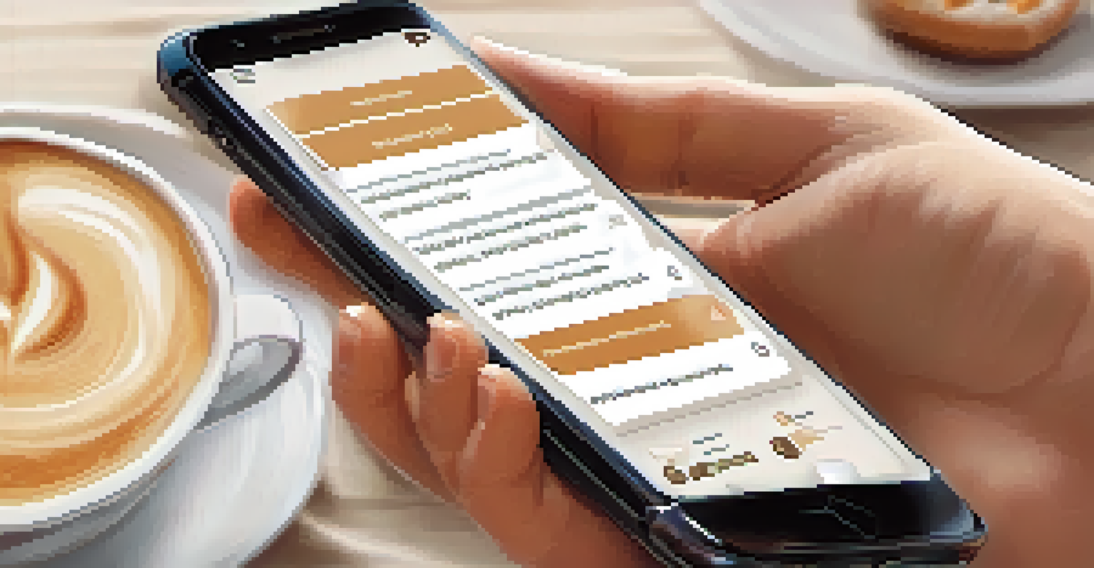 Close-up of diverse hands holding a smartphone with a customer feedback survey displayed, set against a blurred café background.