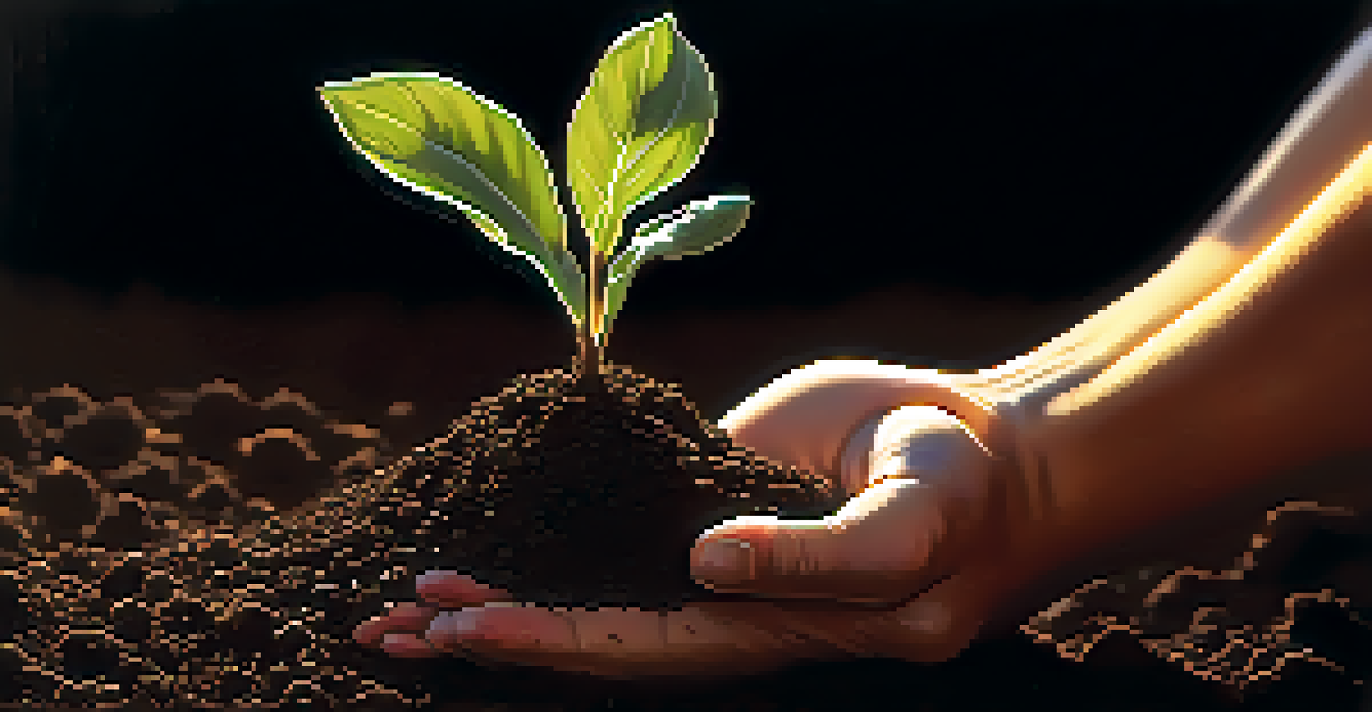 A close-up of a hand planting a seedling in dark soil, symbolizing growth with gentle morning light illuminating the scene.