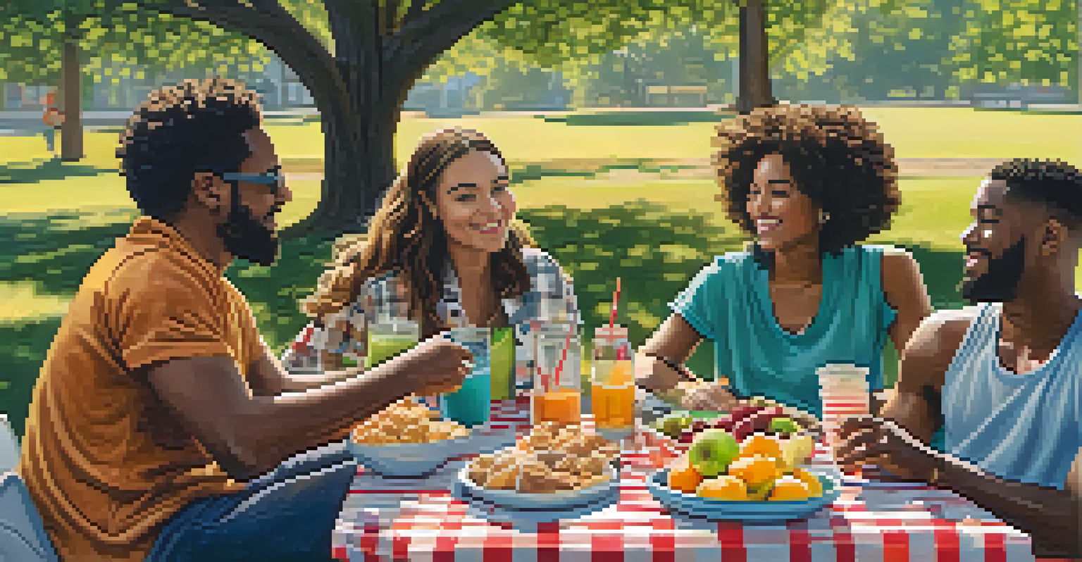 A diverse group of friends sharing healthy snacks at a picnic table in a sunny park, showcasing friendship and community.