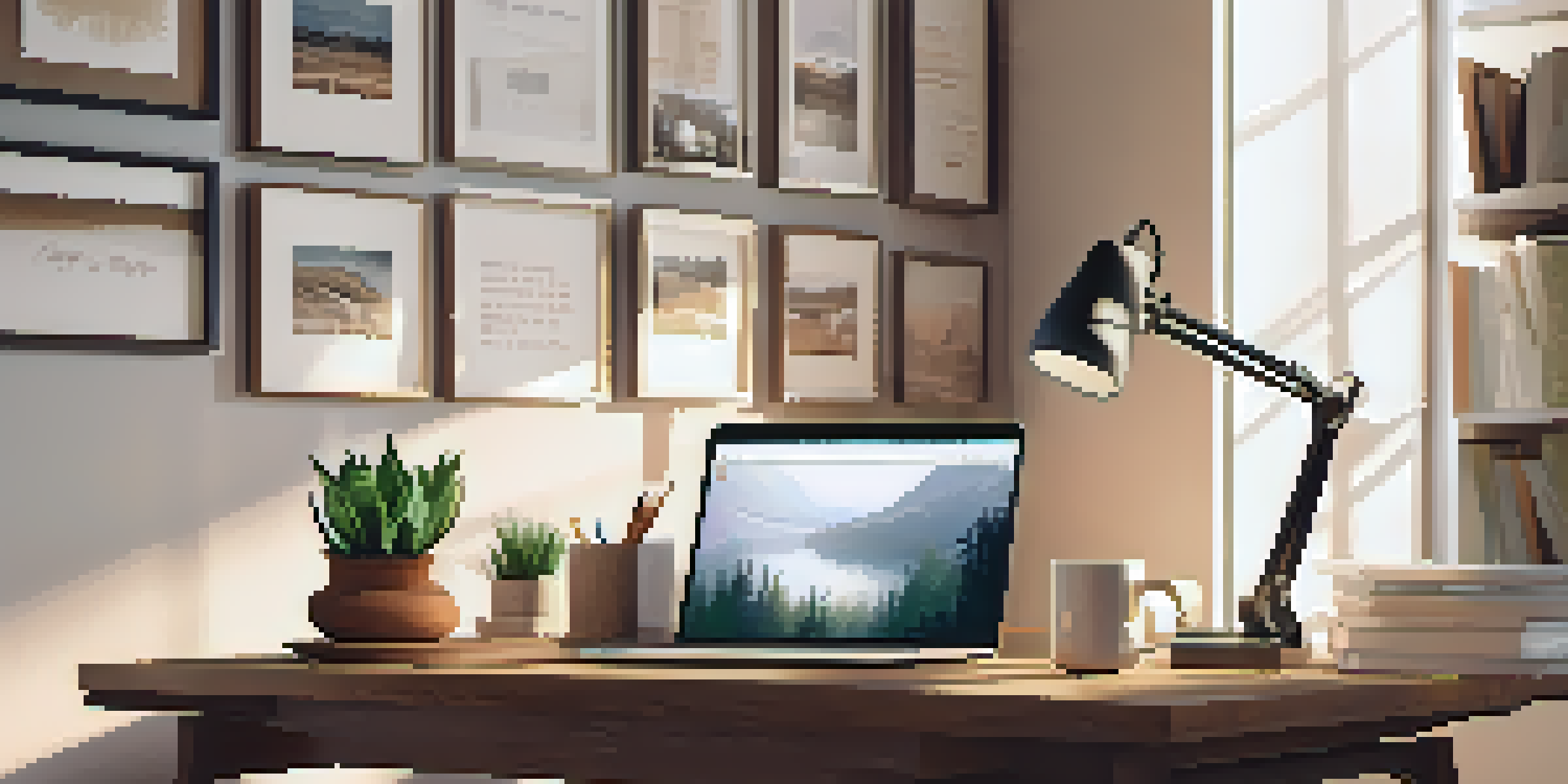 A well-organized desk with a laptop, notebook, coffee cup, and a potted plant under soft morning light.