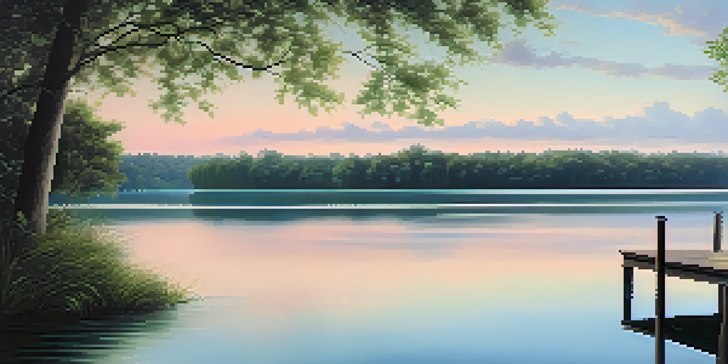 A calm lake surrounded by green trees at dawn, with a wooden dock extending into the water.