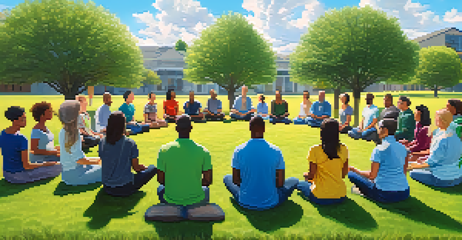 A group of diverse employees practicing mindfulness together in a sunny outdoor setting.