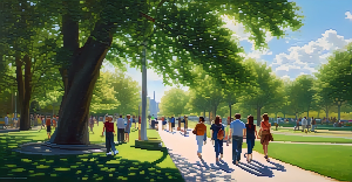 A diverse group of people walking in a sunny park, showcasing joy and companionship.