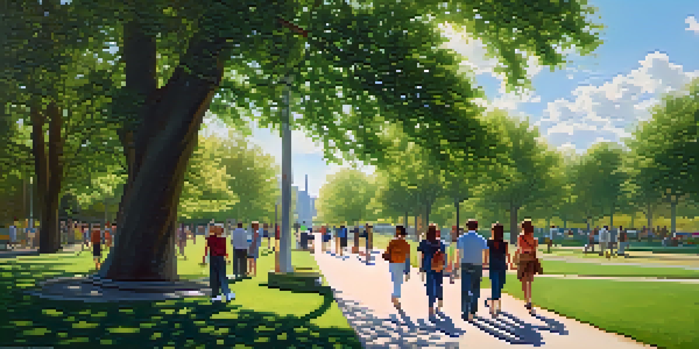 A diverse group of people walking in a sunny park, showcasing joy and companionship.
