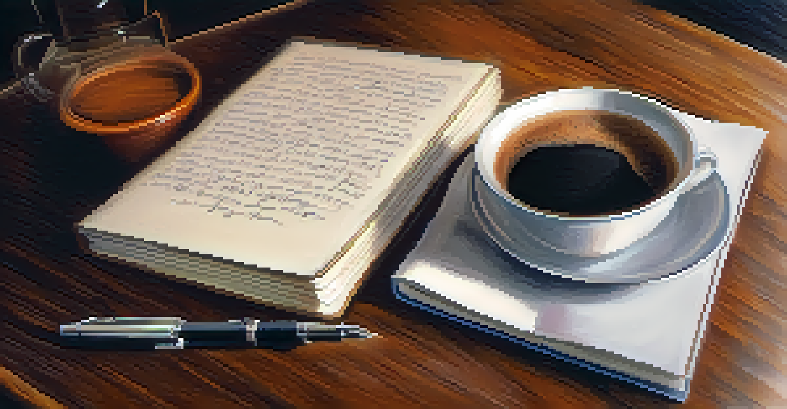 A hand writing in a notebook with a fountain pen and a cup of coffee in a cozy setting.