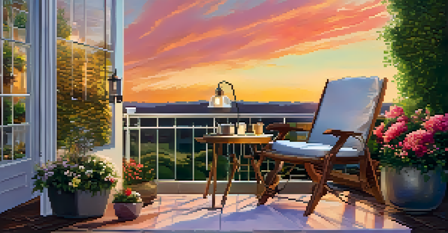 An outdoor workspace on a patio with flowers and a sunset sky, designed for creativity.