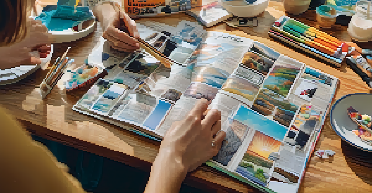Close-up of hands crafting a vision board, with magazines and scissors on a table, highlighting the creative process.