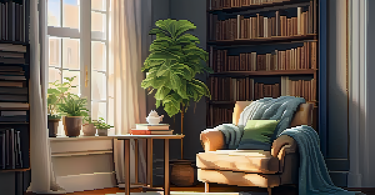 A cozy reading nook with an armchair, blanket, and books, illuminated by a lamp, with a window and a plant nearby.