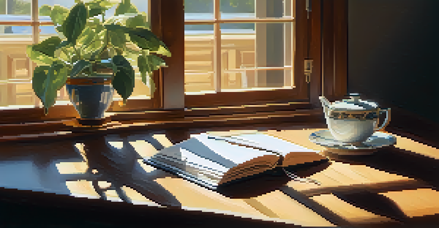 A person journaling at a wooden desk with a cup of tea and a potted plant, illuminated by warm afternoon light.