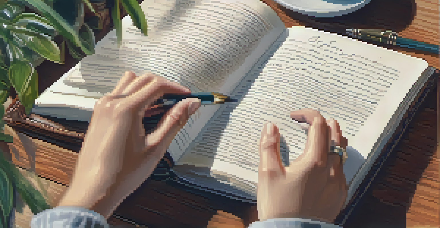 A close-up of a person writing in a leather journal with a cup of coffee and plants in a cozy setting, illuminated by natural light.