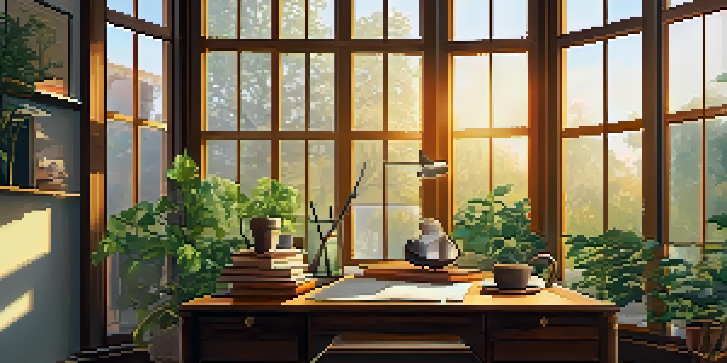 A cozy home office with a wooden desk, a cup of coffee, and sunlight streaming through the window.