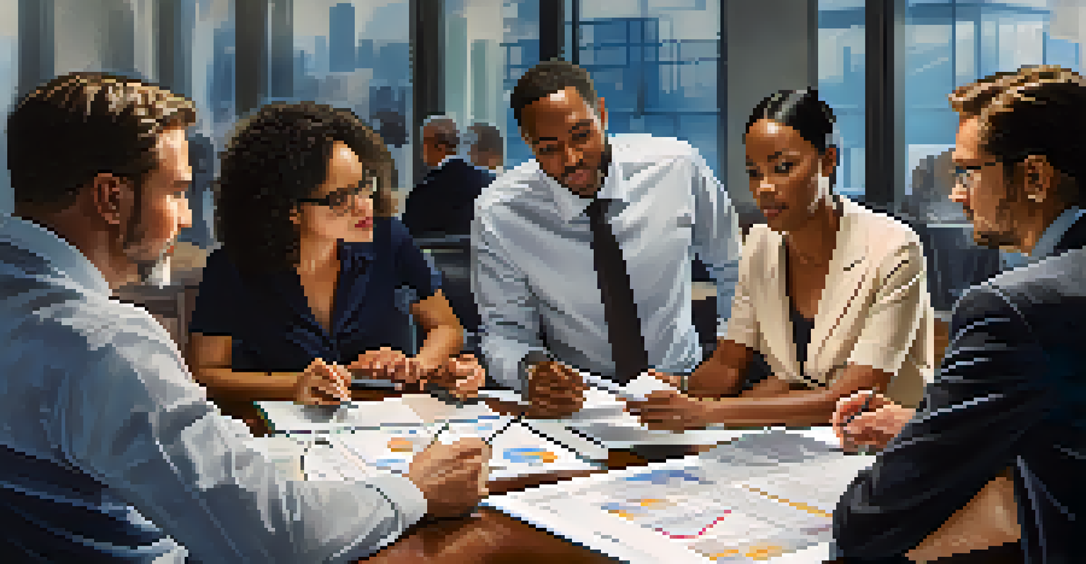A group of diverse professionals discussing around a table with papers and devices, showcasing teamwork.