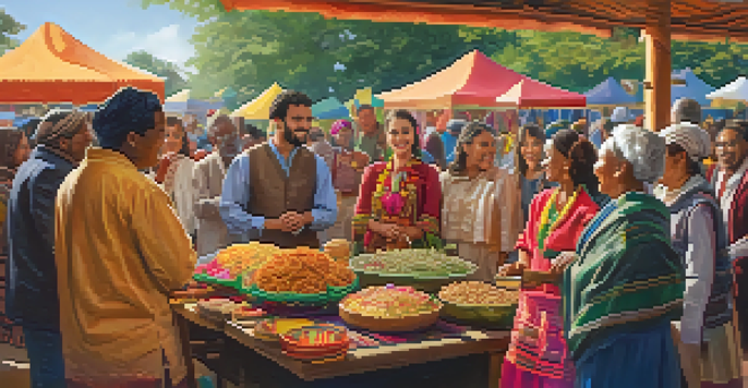 A diverse group of individuals in traditional clothing sharing food and stories at a community event, surrounded by colorful decorations and warm lighting.