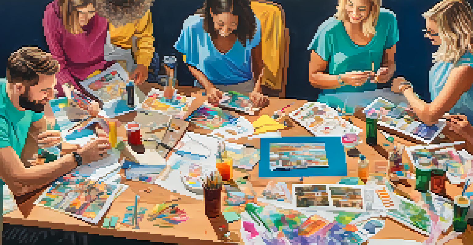 An overhead view of a group of people creating vision boards at a party, with colorful materials and images around.