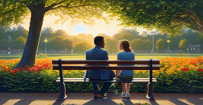 Two friends sitting on a park bench during sunset, engaged in a heartfelt conversation, surrounded by lush trees and blooming flowers.
