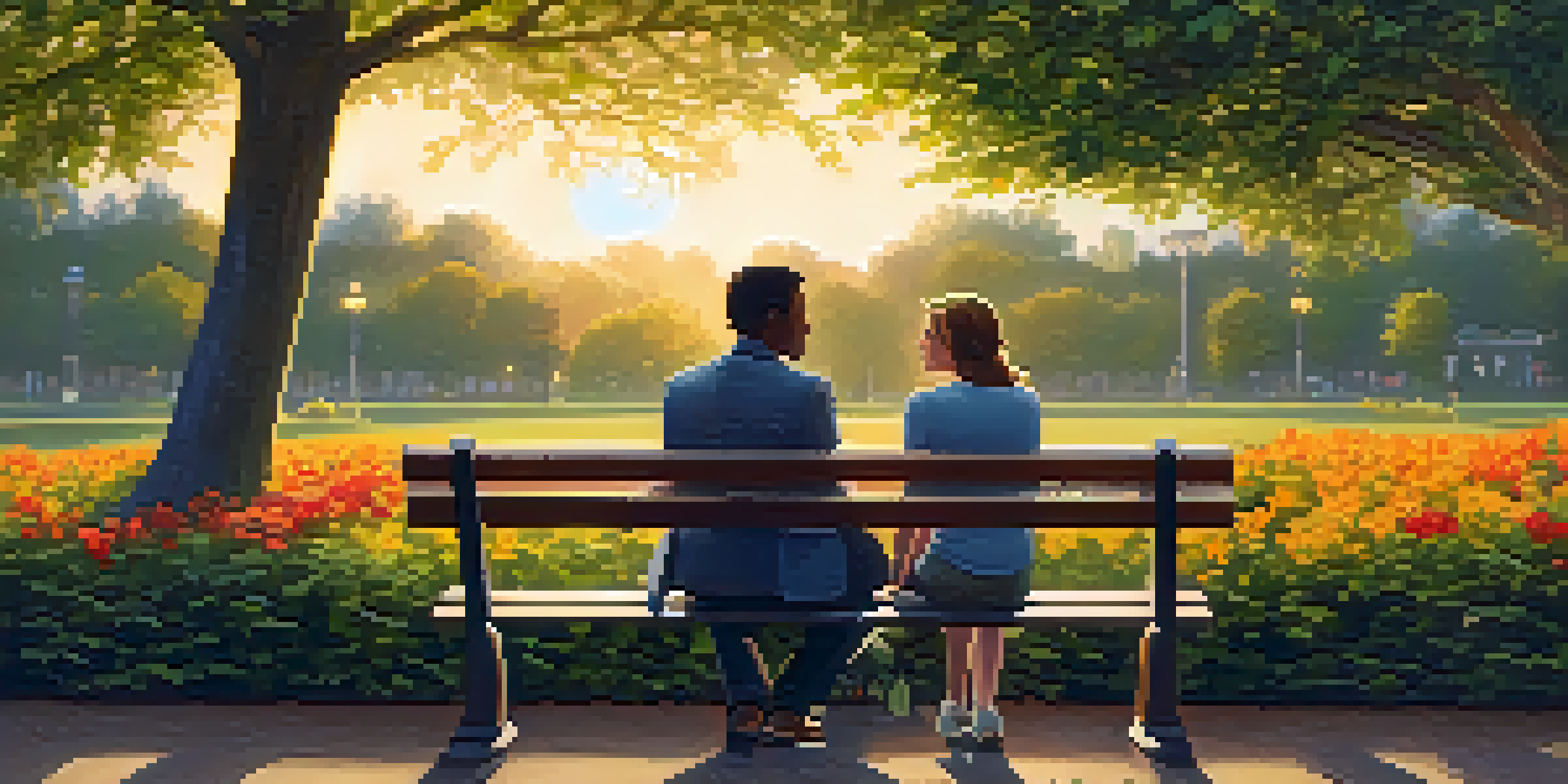 Two friends sitting on a park bench during sunset, engaged in a heartfelt conversation, surrounded by lush trees and blooming flowers.