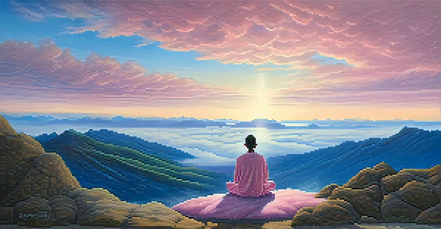 A figure meditating on a mountain top with a beautiful landscape and colorful sky, symbolizing mindfulness and introspection.