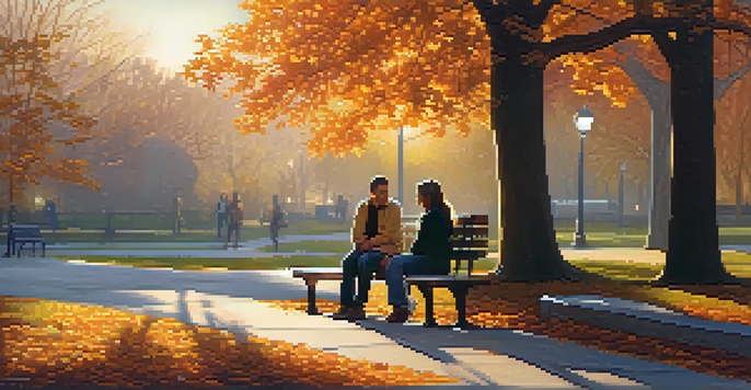 Two people sitting on a park bench engaged in a deep conversation under a warm sunset, surrounded by autumn leaves.