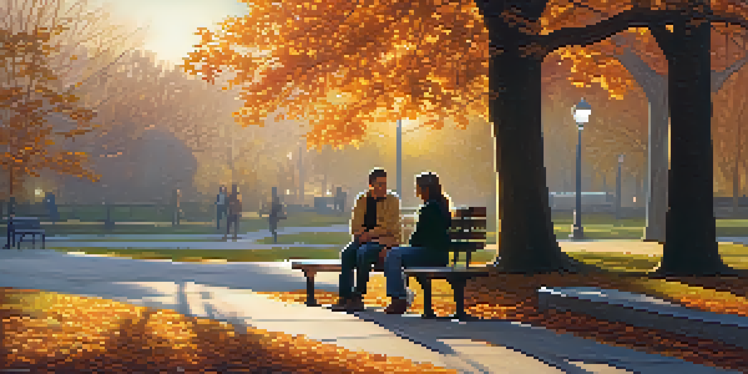 Two people sitting on a park bench engaged in a deep conversation under a warm sunset, surrounded by autumn leaves.