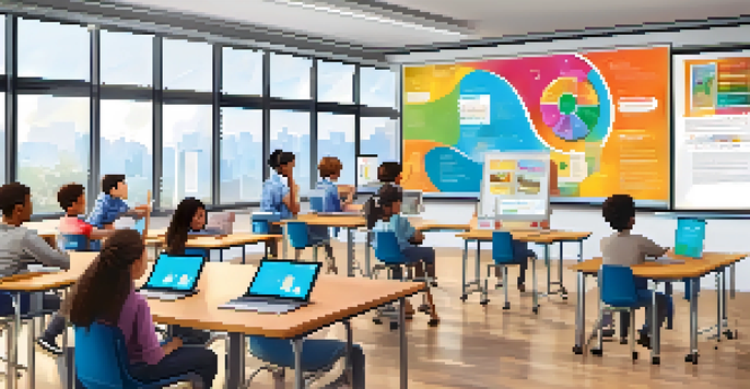 A diverse group of students engaged in a modern classroom with digital learning tools and a teacher guiding them.