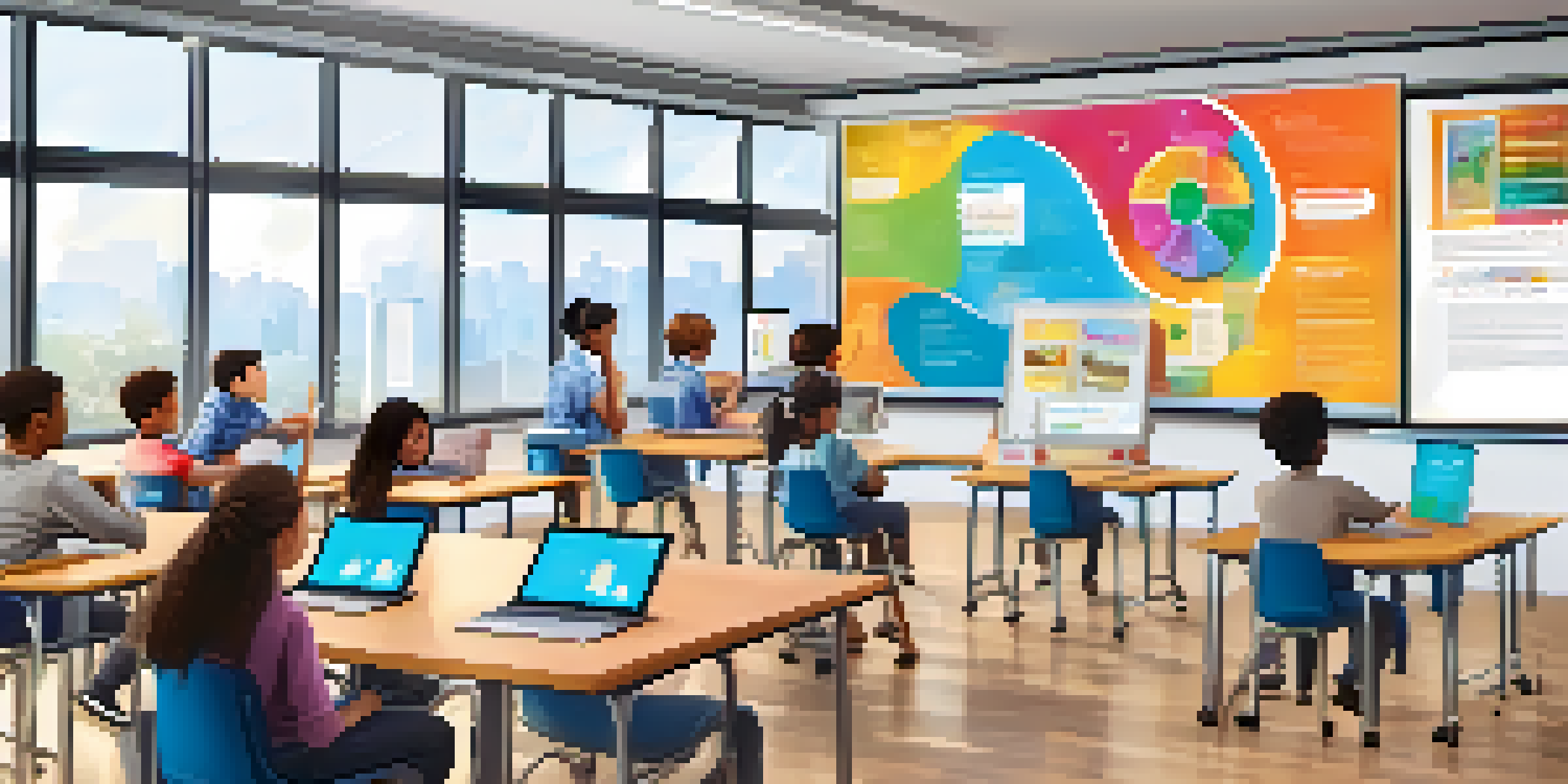 A diverse group of students engaged in a modern classroom with digital learning tools and a teacher guiding them.