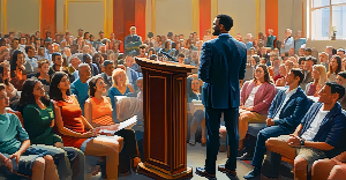 A confident speaker engaging with an attentive audience in a bright room, showcasing open body language and a warm atmosphere.