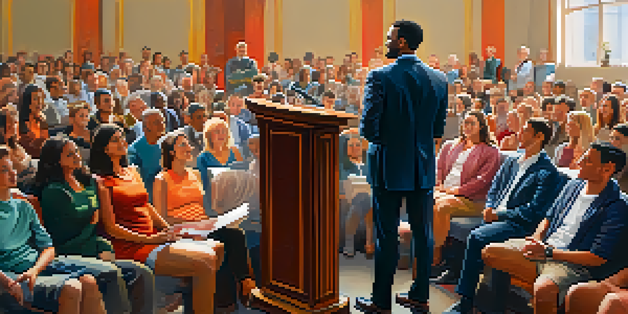 A confident speaker engaging with an attentive audience in a bright room, showcasing open body language and a warm atmosphere.