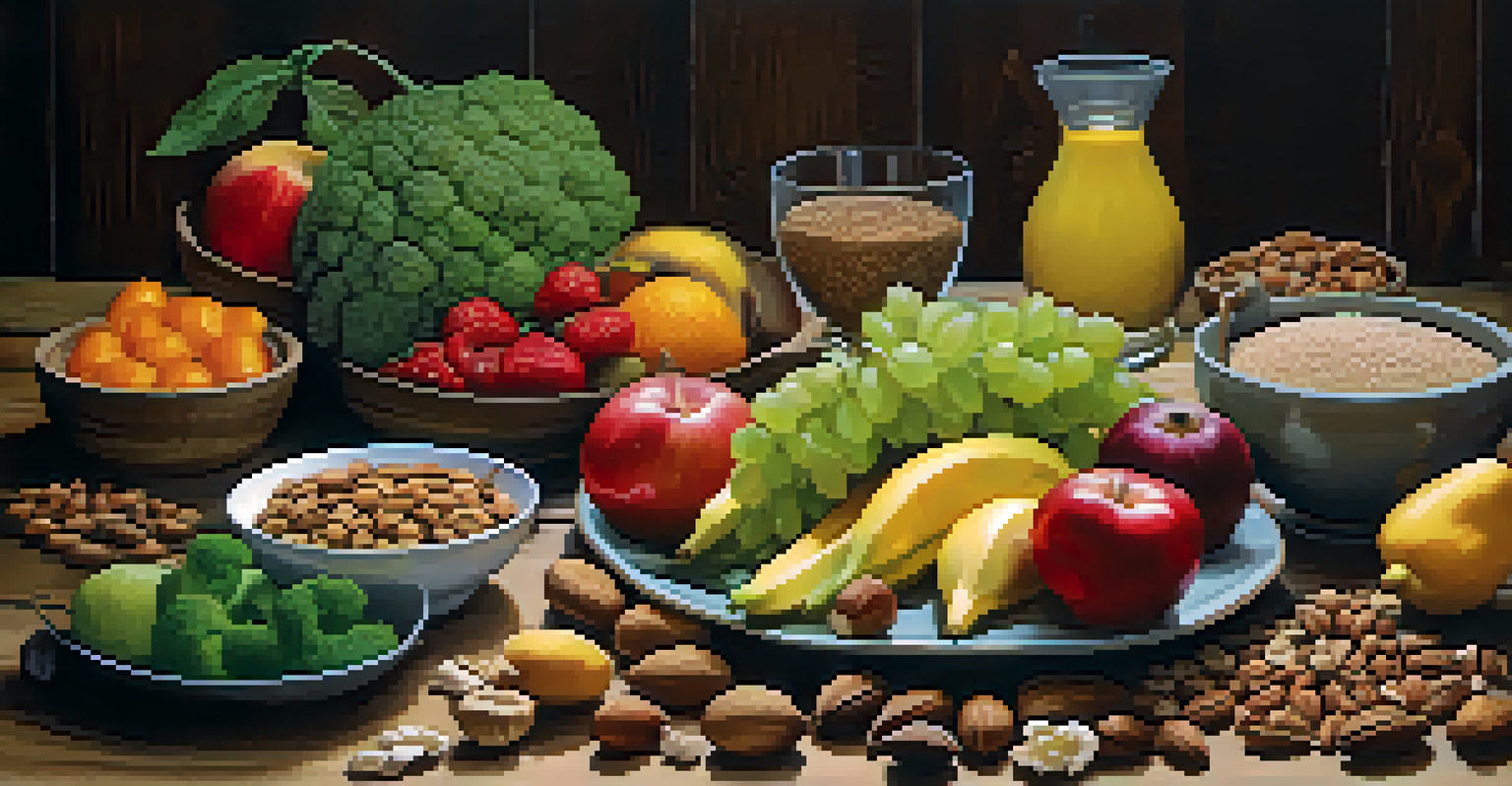 A plate of colorful, healthy foods like fruits and vegetables on a wooden table.