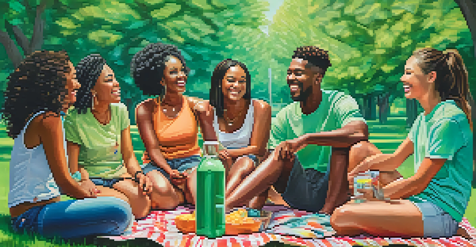 A group of diverse friends enjoying a picnic in a park, laughing and sharing snacks.