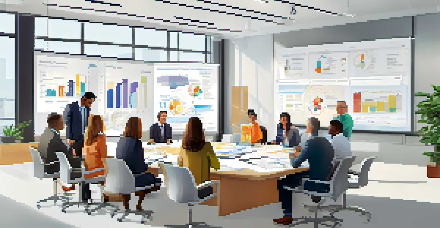 A diverse team of professionals in a bright conference room, discussing project timelines and collaborating on goals.