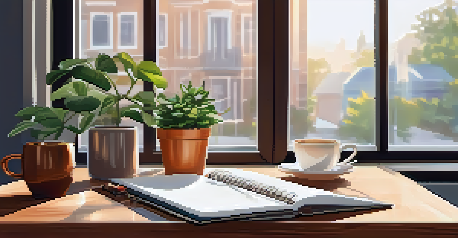 A wooden desk with a planner, coffee cup, and a potted plant, illuminated by soft morning light from a window.