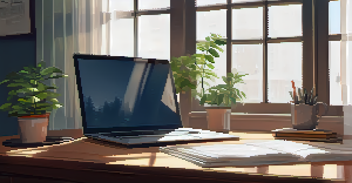 A calm home office featuring a wooden desk with a laptop, notepad, and coffee cup, illuminated by soft morning light.
