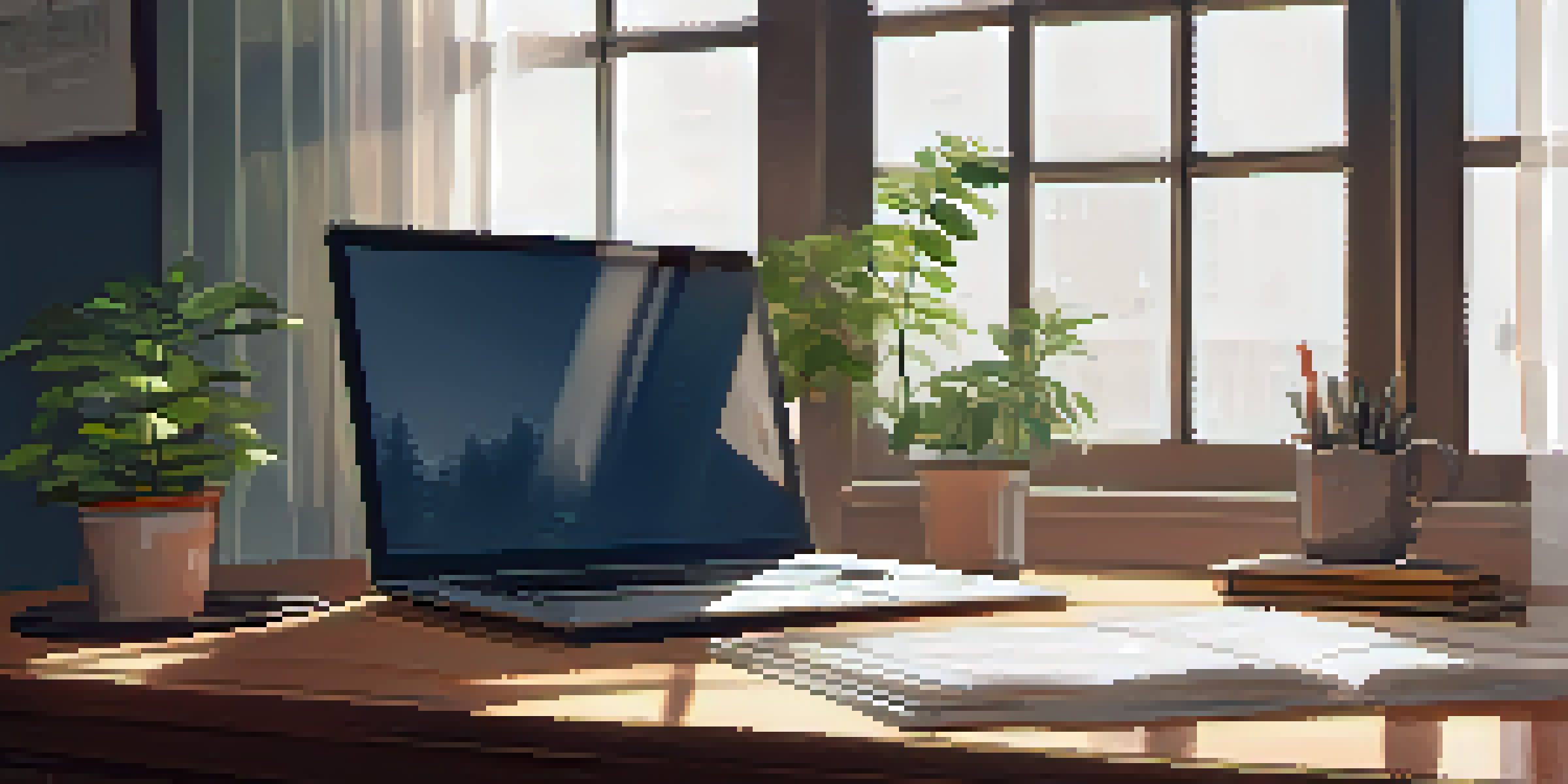 A calm home office featuring a wooden desk with a laptop, notepad, and coffee cup, illuminated by soft morning light.